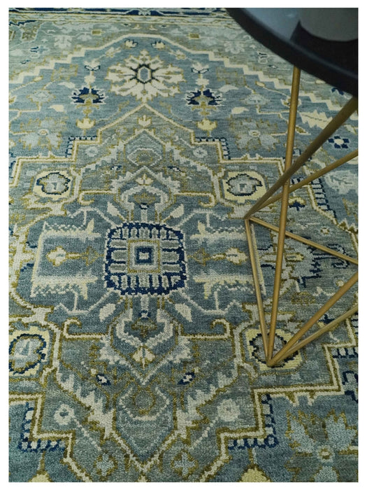 Antique look Gray, Olive and Blue 8x10 Traditional Heriz Hand Knotted wool Rug