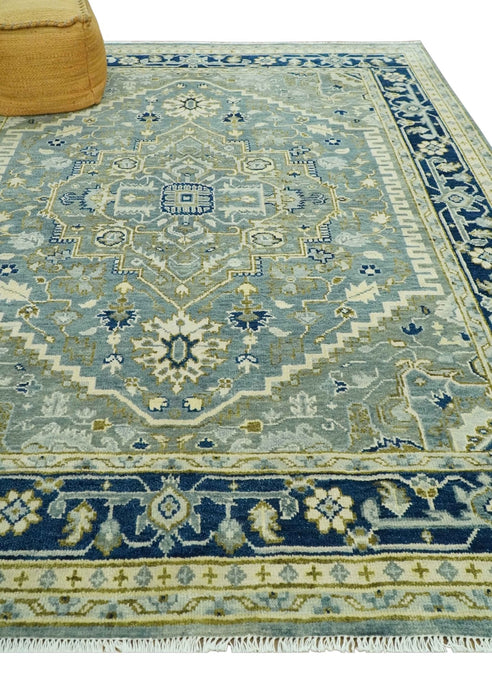 Antique look Gray, Olive and Blue 8x10 Traditional Heriz Hand Knotted wool Rug