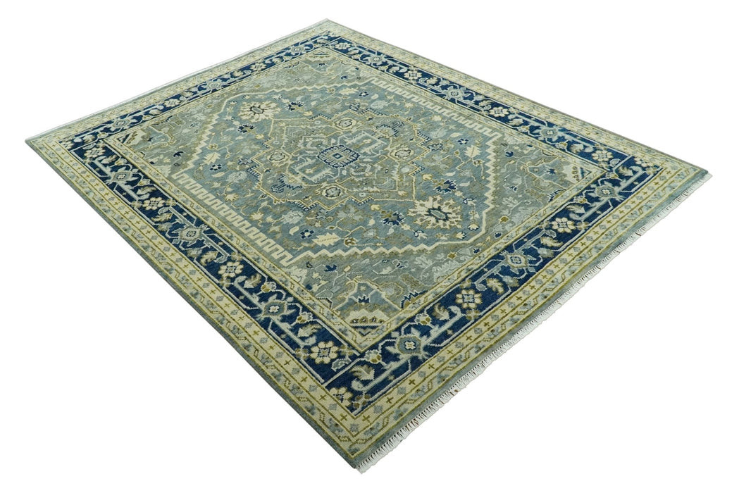 Antique look Gray, Olive and Blue 8x10 Traditional Heriz Hand Knotted wool Rug