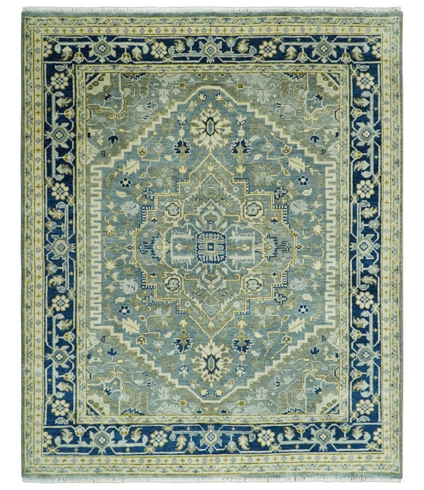 Antique look Gray, Olive and Blue 8x10 Traditional Heriz Hand Knotted wool Rug