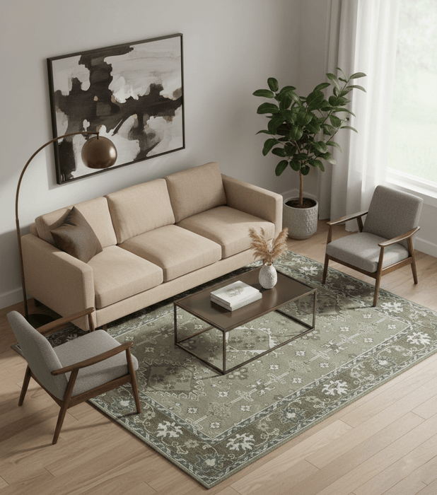 Antique look Grayish-Green and Ivory Hand Knotted Traditional Heriz Custom Made wool Area Rug