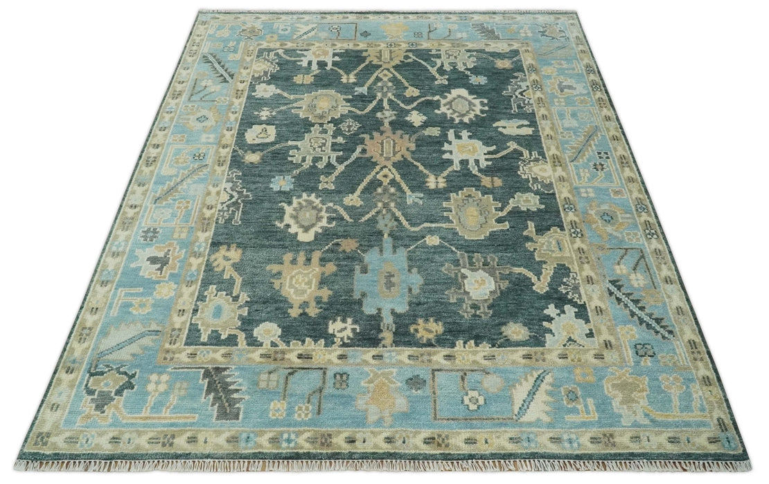 Antique look Green, Aqua and Beige Hand Knotted Traditional Oushak 8x10 wool area Rug