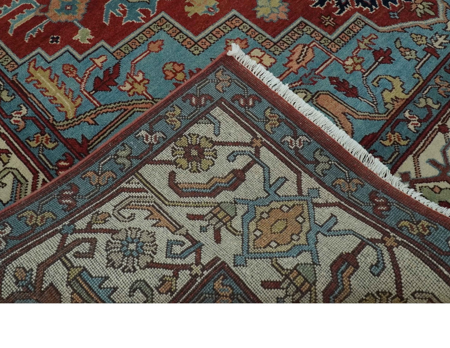 Antique look Rust, Aqua and Ivory Traditional Heriz 9x12 Hand Knotted wool area rug