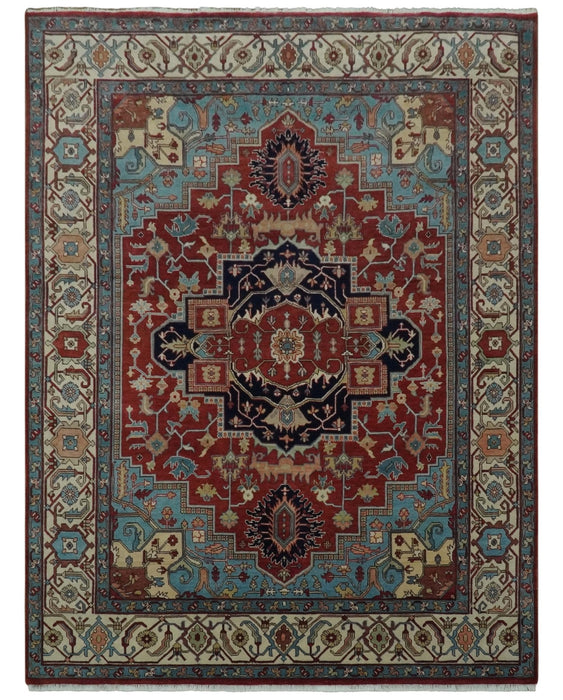Antique look Rust, Aqua and Ivory Traditional Heriz 9x12 Hand Knotted wool area rug