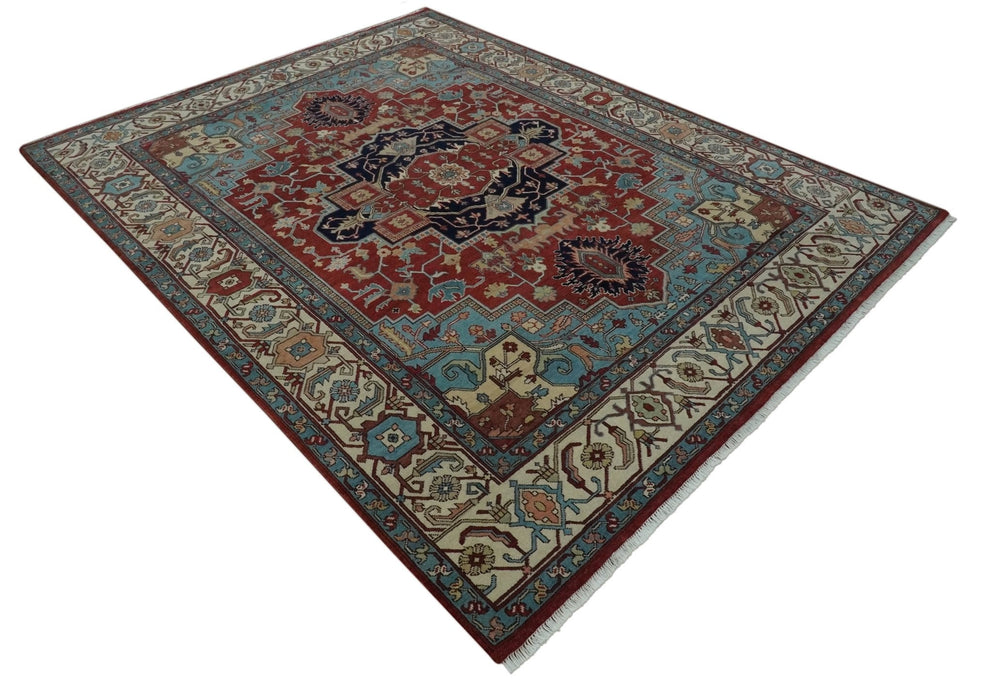 Antique look Rust, Aqua and Ivory Traditional Heriz 9x12 Hand Knotted wool area rug