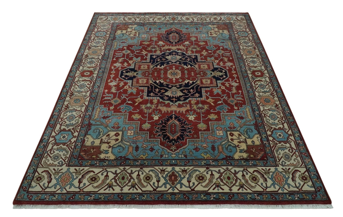 Antique look Rust, Aqua and Ivory Traditional Heriz 9x12 Hand Knotted wool area rug
