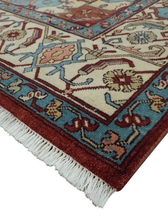 Antique look Rust, Aqua and Ivory Traditional Heriz 9x12 Hand Knotted wool area rug