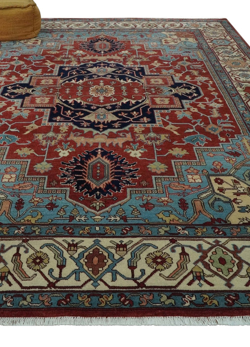 Antique look Rust, Aqua and Ivory Traditional Heriz 9x12 Hand Knotted wool area rug