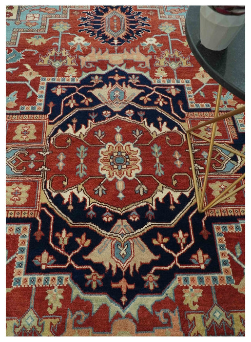 Antique look Rust, Aqua and Ivory Traditional Heriz 9x12 Hand Knotted wool area rug