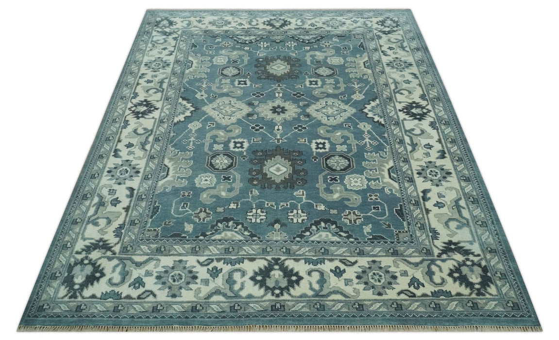 Antique look Shades of Teal and Ivory Traditional Oriental Oushak wool rug