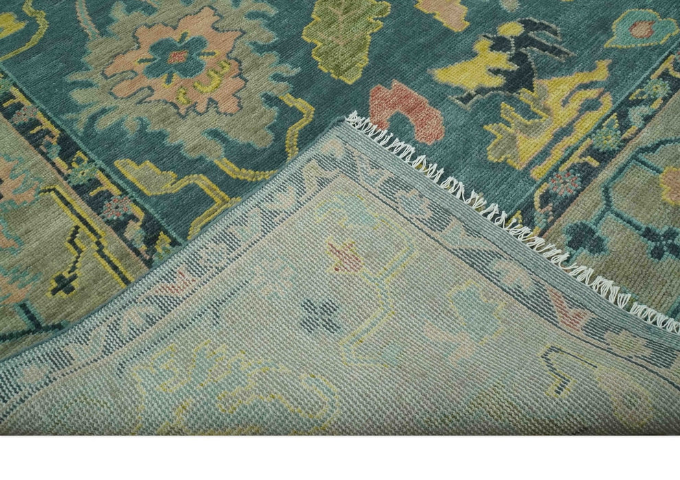Antique look Teal and Olive 9x12 Hand Knotted Traditional Oushak wool rug