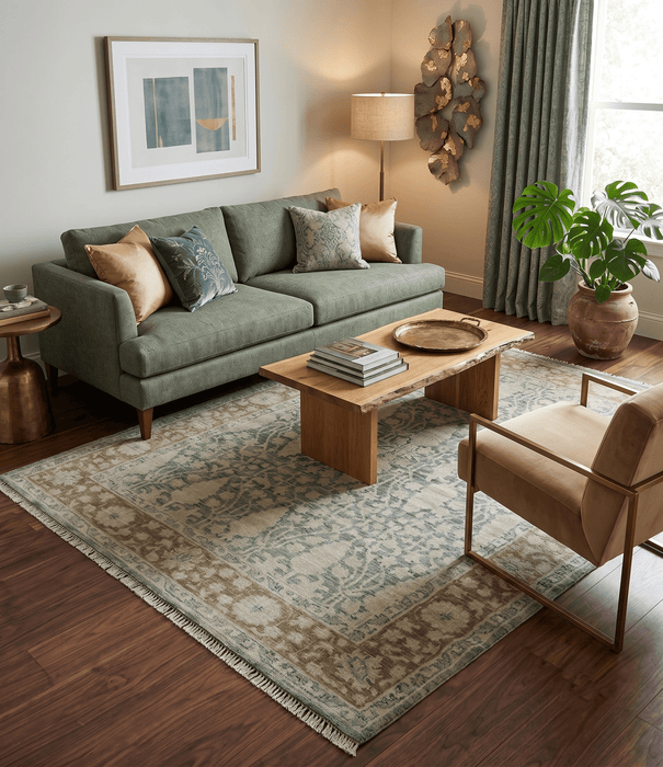 Antique look vintage style Green, Beige and Brown traditional Hand Knotted Multi Size wool rug