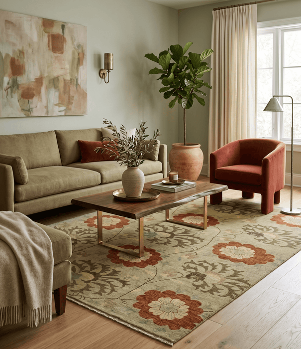 Antique Modern Floral Olive and Rust Hand Knotted Wool Rug