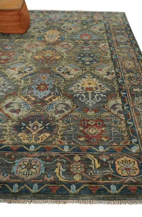 Antique Moss Traditional Oushak Charcoal, Brown and Blue Hand knotted Custom Made Rug