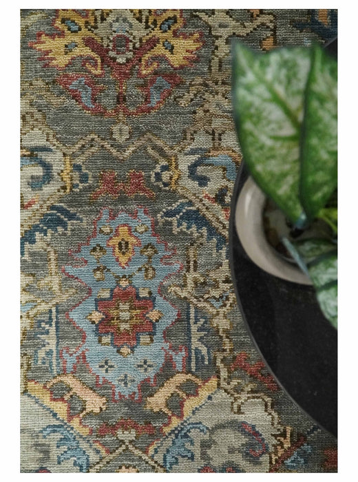 Antique Moss Traditional Oushak Charcoal, Brown and Blue Hand knotted Custom Made Rug