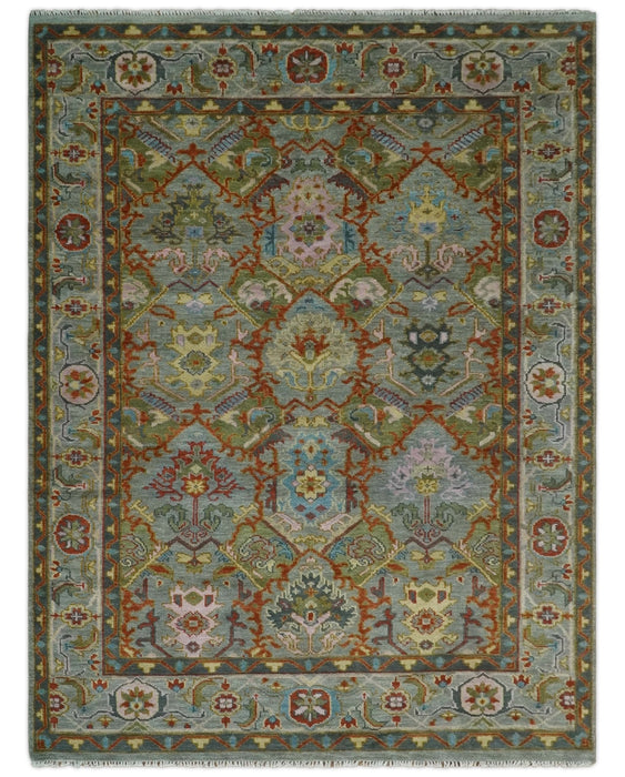 Antique Moss All Wool Traditional Persian Silver, Rust and Green Hand knotted Oushak Area Rug | TRDCP718