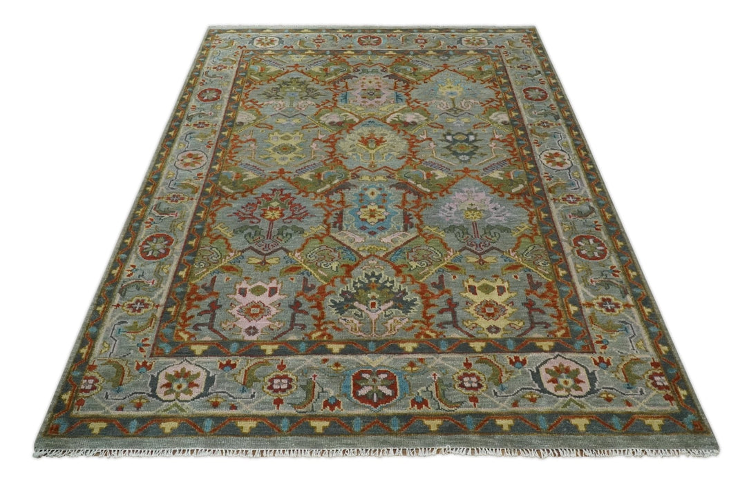 Antique Moss All Wool Traditional Persian Silver, Rust and Green Hand knotted Oushak Area Rug