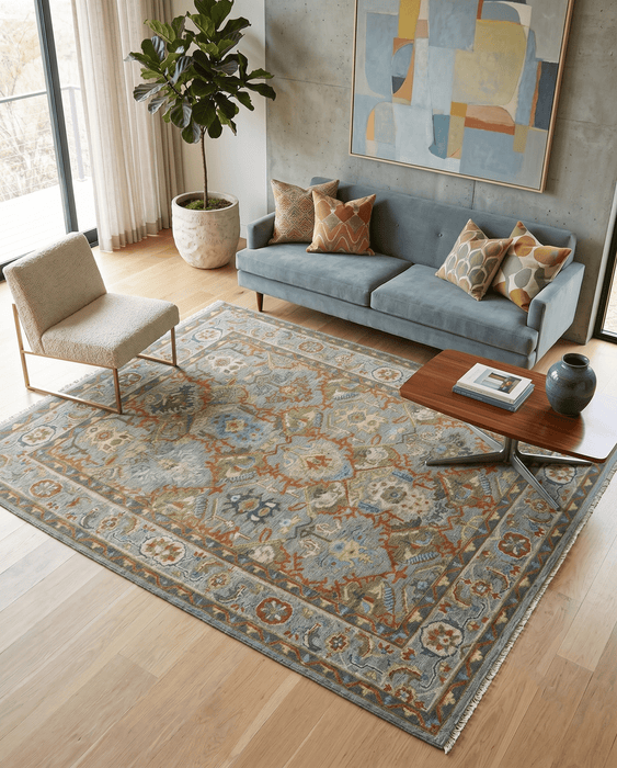 Antique Moss All Wool Traditional Persian Silver, Rust and Green Hand knotted Oushak Area Rug