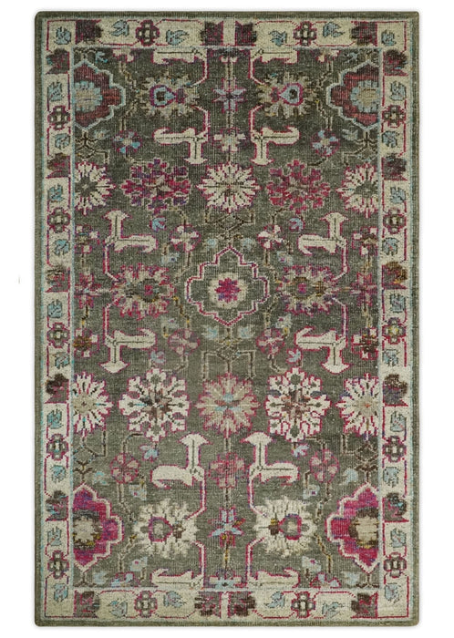 Antique Moss Green 5x8 Hand Knotted Beige and Pink Persian made of Bamboo Silk Area Rug | OP70