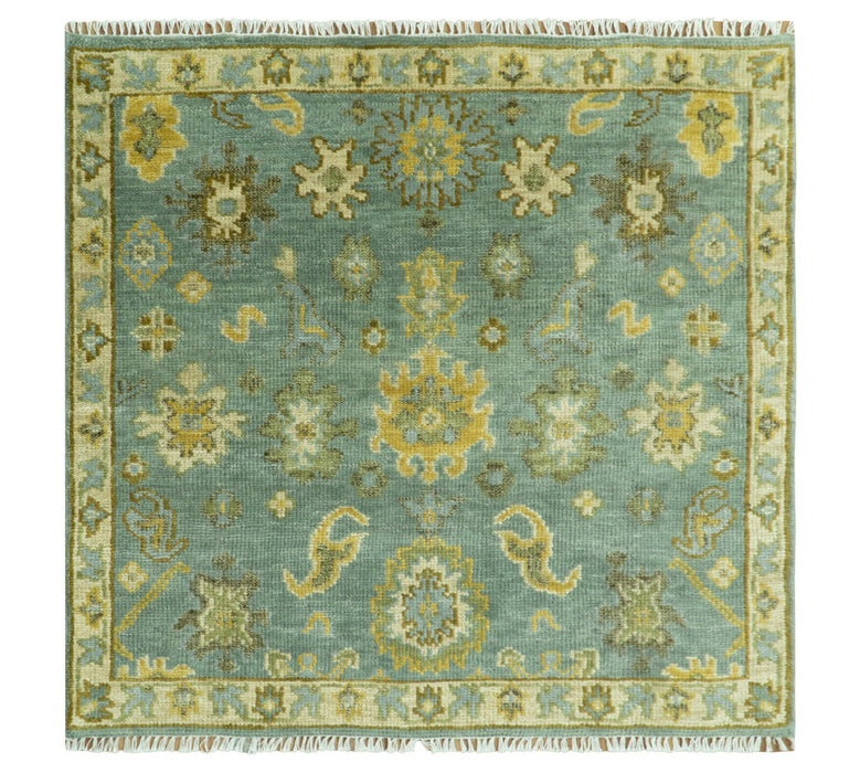Antique Moss Green and Blue Wool Hand Knotted Traditional Oriental Oushak Wool Area Rug