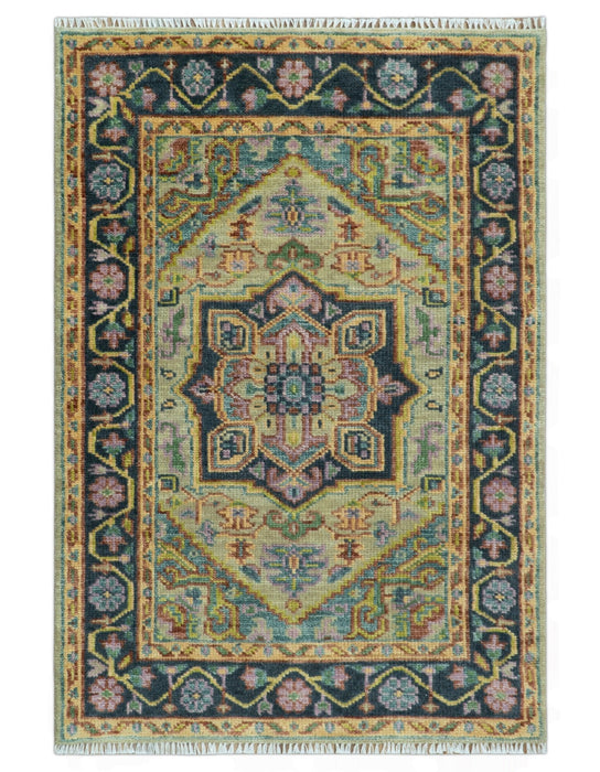 Antique Moss Green and Pink Traditional Multi Size Wool Area Rug