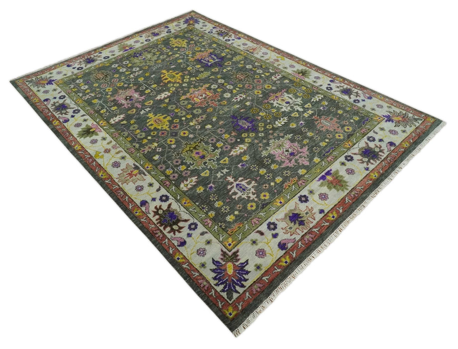 Hand Knotted Green And Ivory Traditional Oushak Custom Made Wool Area Rug