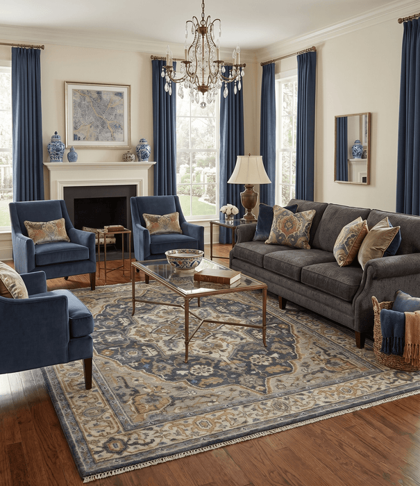 Antique Muted Traditional Heriz Blue ,Beige and Brown Hand knotted Custom made wool Area Rug