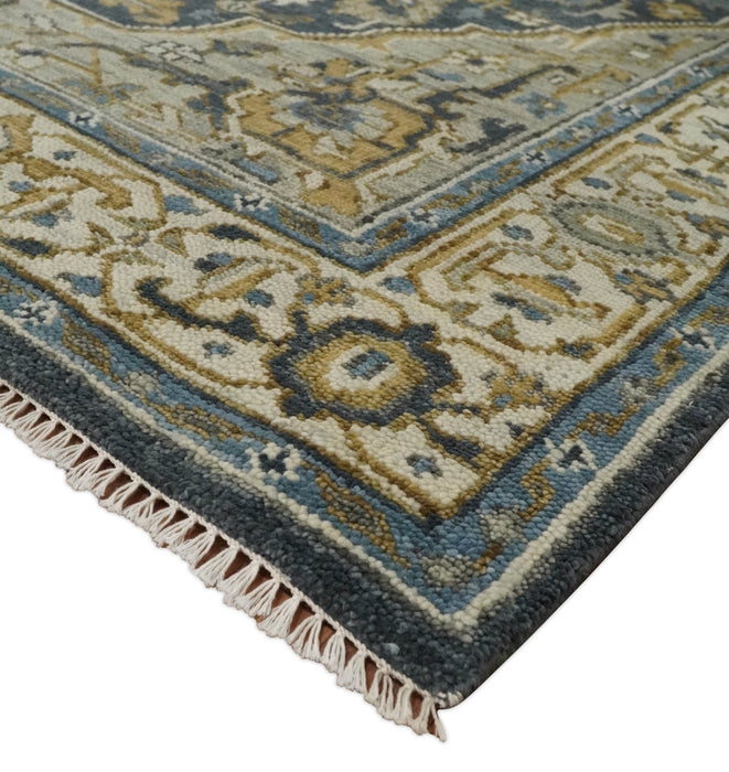 Antique Muted Traditional Heriz Blue ,Beige and Brown Hand knotted Custom made wool Area Rug