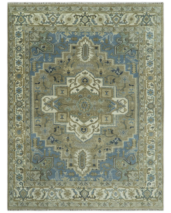 Antique Olive And Blue Traditional Heriz Multi Size Wool Area Rug