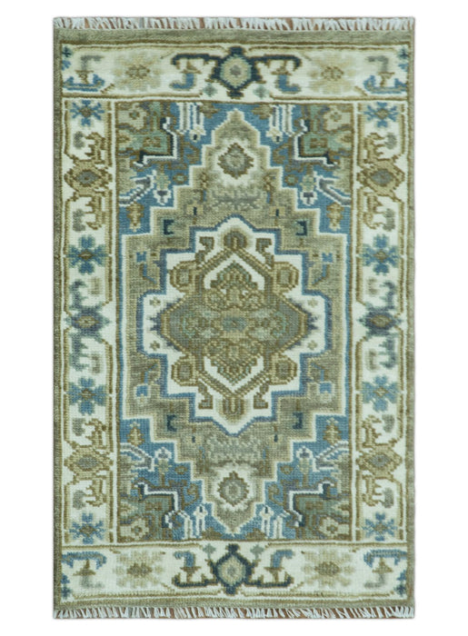 Antique Olive And Blue Traditional Heriz Multi Size Wool Area Rug