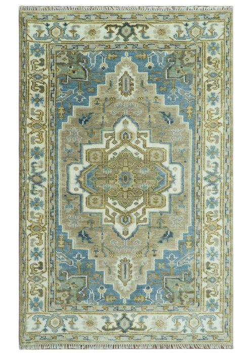 Antique Olive And Blue Traditional Heriz Multi Size Wool Area Rug