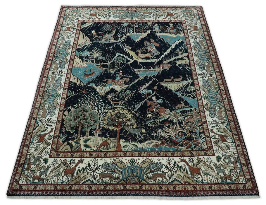 Animal Hunting Rug 8x10 and 9.3x12.4 Wool Black, Rust and Ivory Hand knotted Area Rug, Old style Rug
