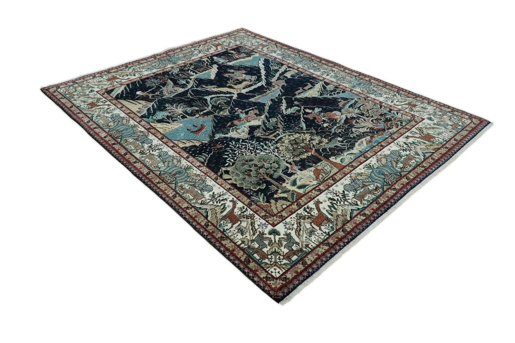 Animal Hunting Rug 8x10 and 9.3x12.4 Wool Black, Rust and Ivory Hand knotted Area Rug, Old style Rug