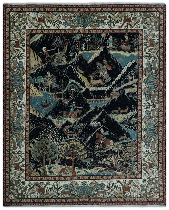 Animal Hunting Rug 8x10 and 9.3x12.4 Wool Black, Rust and Ivory Hand knotted Area Rug, Old style Rug