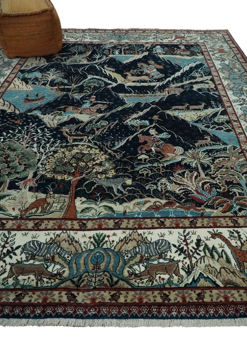 Animal Hunting Rug 8x10 and 9.3x12.4 Wool Black, Rust and Ivory Hand knotted Area Rug, Old style Rug