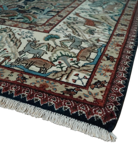 Animal Hunting Rug 8x10 and 9.3x12.4 Wool Black, Rust and Ivory Hand knotted Area Rug, Old style Rug