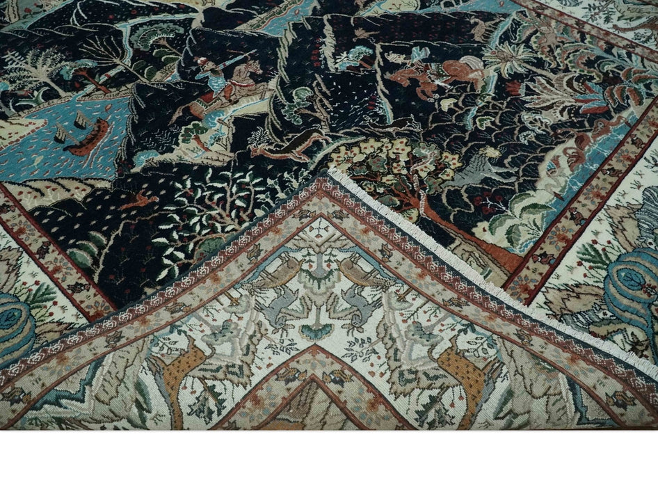 Animal Hunting Rug 8x10 and 9.3x12.4 Wool Black, Rust and Ivory Hand knotted Area Rug, Old style Rug