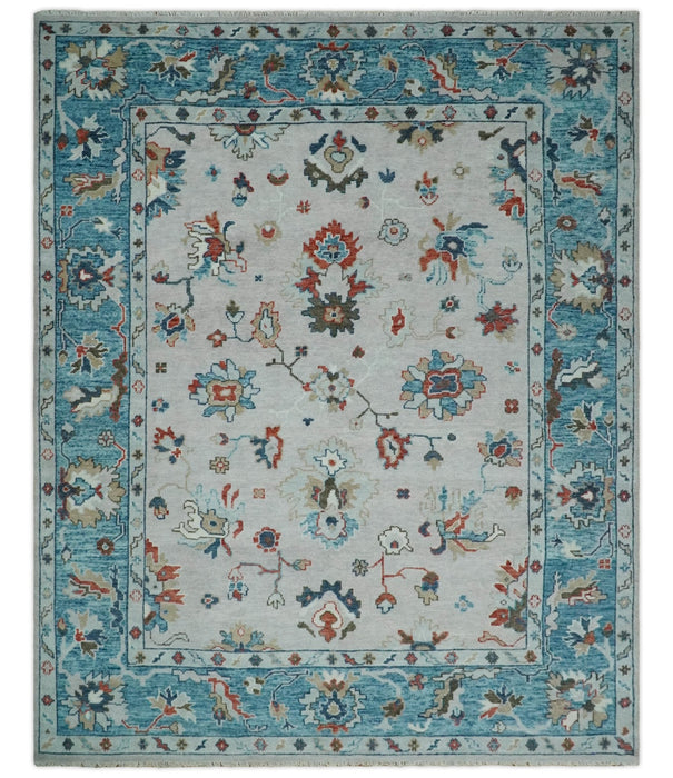 Ivory and Blue Hand knotted Traditional Oushak wool Area Rug
