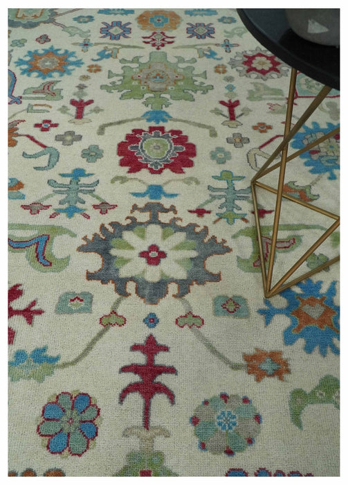 Antique Style Oushak 8x10 Wool Ivory and Blue Vibrant Colorful Hand knotted Area Rug