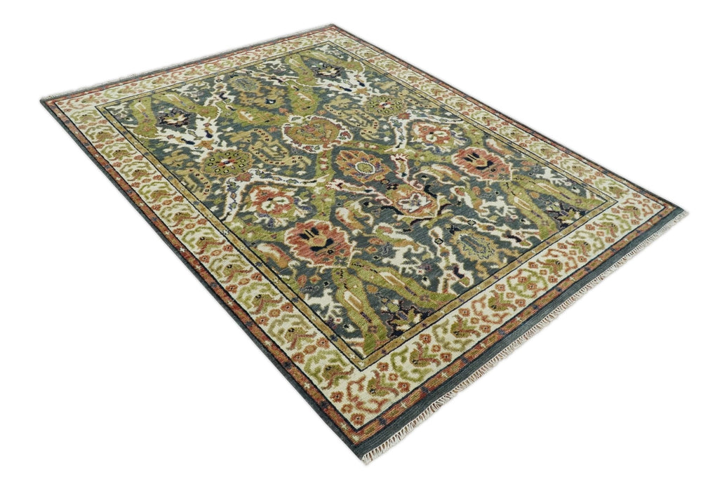 Antique look Hand knotted Green and Gray Traditional Large design wool Area Rug