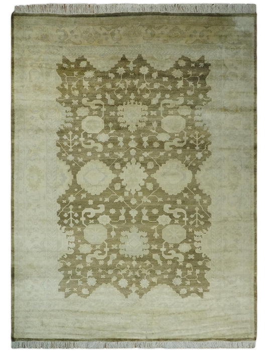 Antique Style 10x14 Hand Knotted Brown and Beige Traditional Oushak Wool Rug, Large Rug | N3751014