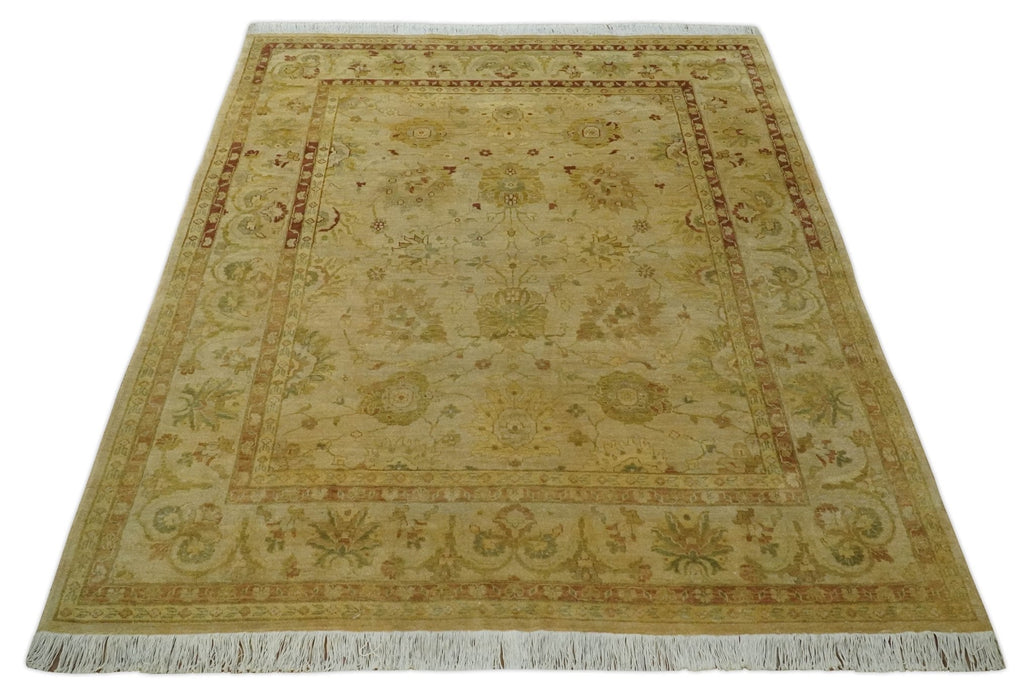 Antique Style 8x10 Hand Knotted Beige, Olive and Brown Traditional Oushak Wool Rug