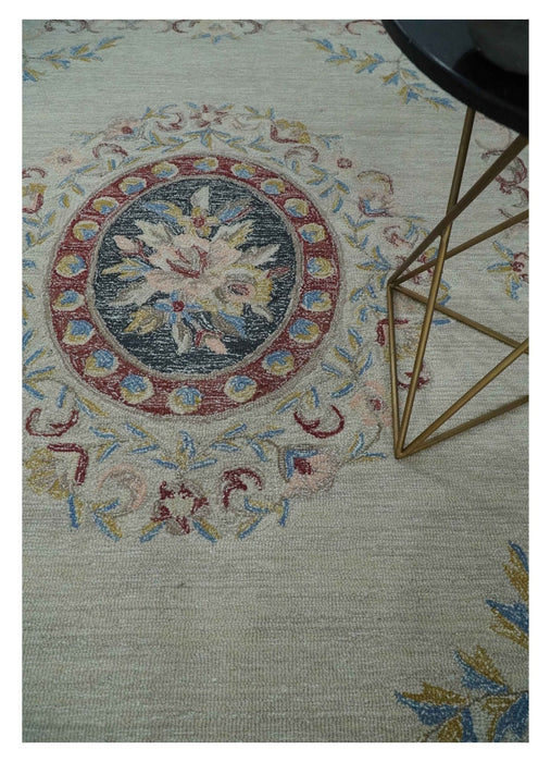 Antique Style Beige and Charcoal Aubusson design Hand Tufted 8x10 wool Area Rug