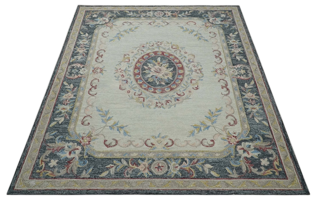 Antique Style Beige and Charcoal Aubusson design Hand Tufted 8x10 wool Area Rug
