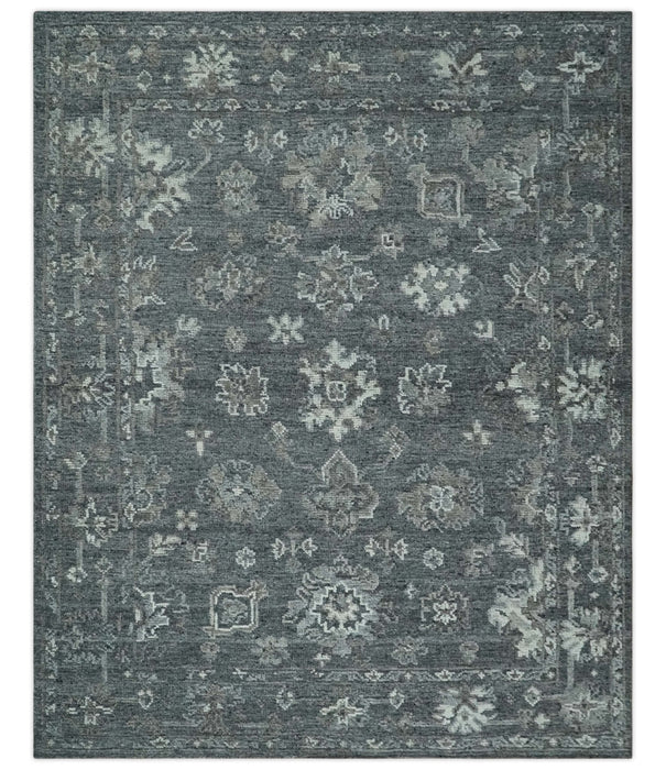 Antique Style Charcoal and Ivory 8x10 hand knotted Oushak wool Area rug