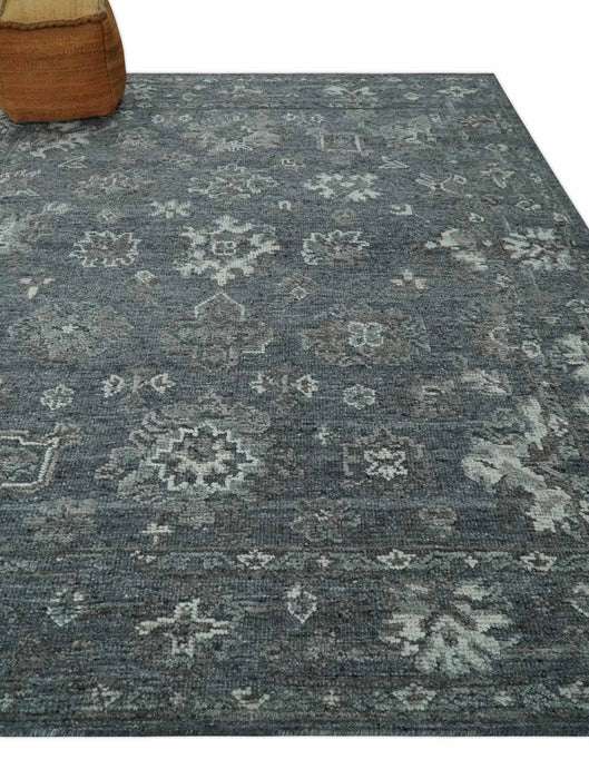 Antique Style Charcoal and Ivory 8x10 hand knotted Oushak wool Area rug
