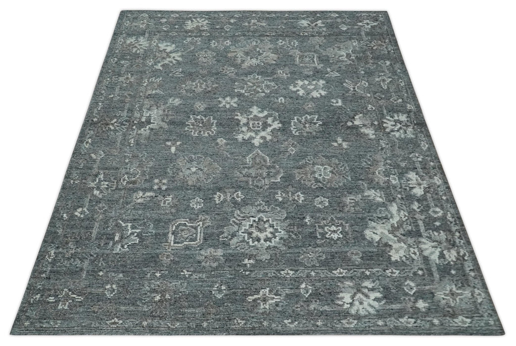 Antique Style Charcoal and Ivory 8x10 hand knotted Oushak wool Area rug