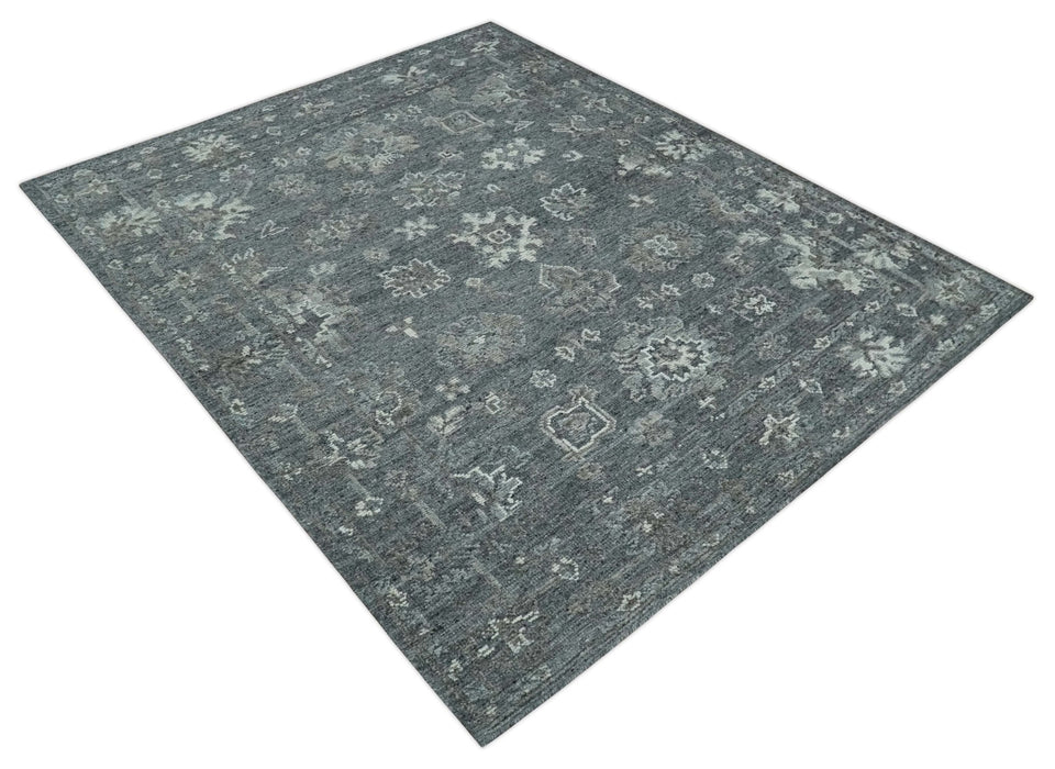Antique Style Charcoal and Ivory 8x10 hand knotted Oushak wool Area rug