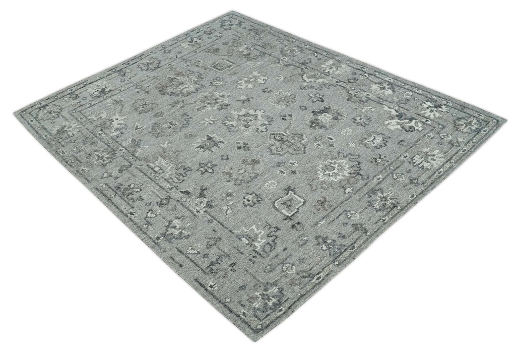 Antique Style Charcoal and Ivory Hand knotted 8.6x9.10 Oushak Design wool area rug