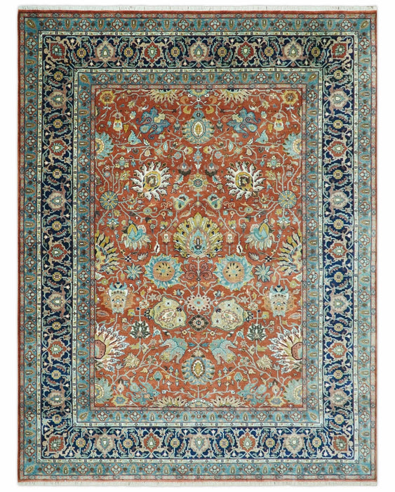 Antique  Style Fine Rust, Blue and Aqua 8x10 Hand Knotted Traditional Serapi wool rug
